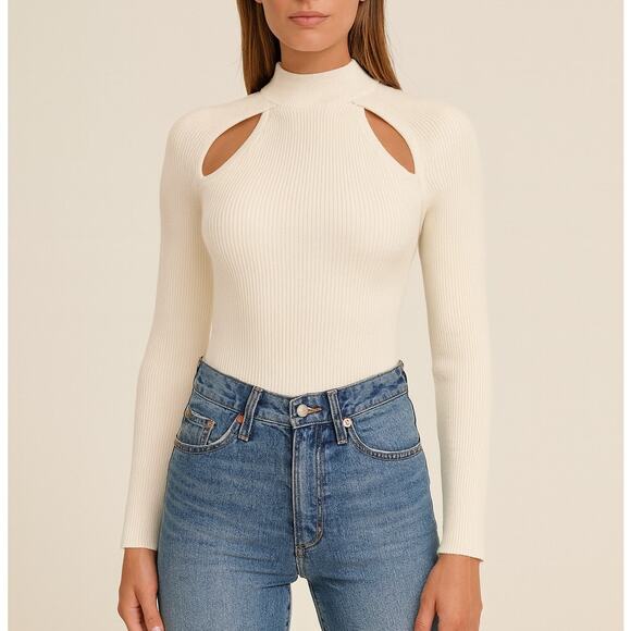 Abercrombie & Fitch Cut Out Mock Neck Bodysuit Long Sleeve Rib Knit Top - Picture 1 of 10